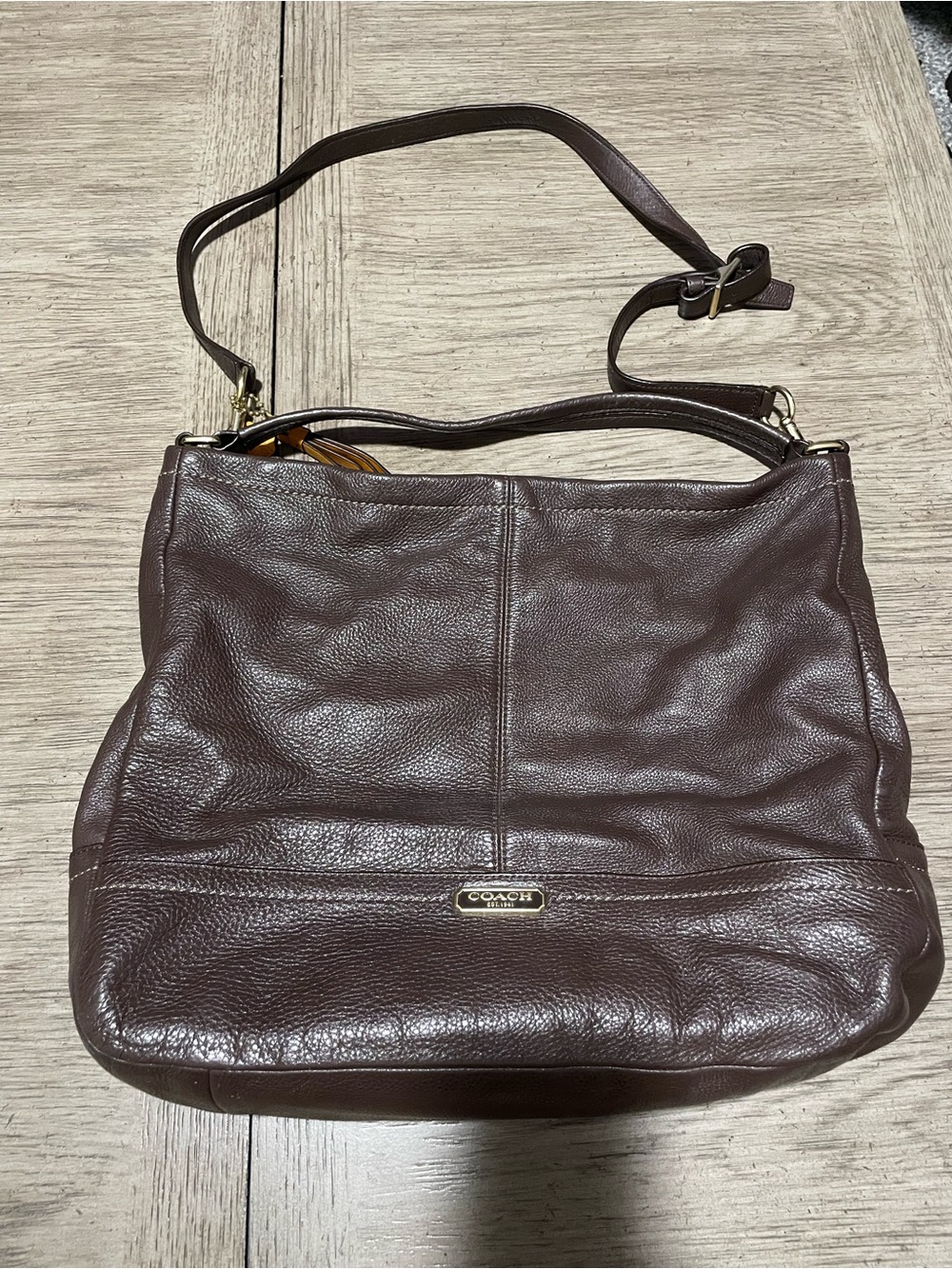 Coach bag, brown leather, gold lining